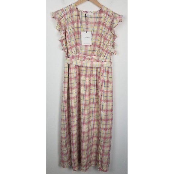 Glamorous Bloom Women's Maternity Sz. 4 Plaid Flutter Sleeve Midi Dress NWT - Picture 2 of 9